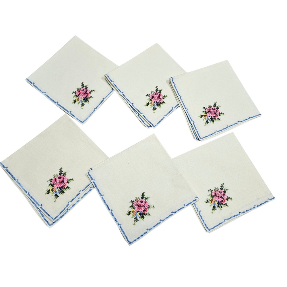 Vintage Set of 6 Embroidered Cocktail Napkins Floral Pink Blue‎ Cross Stitch
